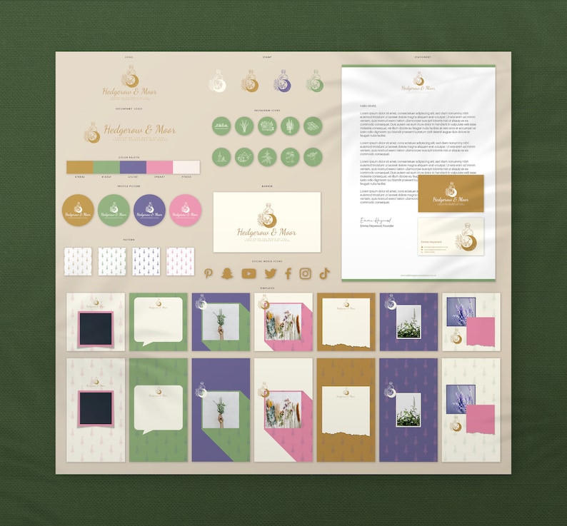 Puede incluir: Un tablero de dise&ntilde;o de marca "Hedgerow & Moor" con el logotipo en dorado y verde, paletas de colores, iconos de redes sociales y plantillas de dise&ntilde;o para papeler&iacute;a, tarjetas de visita y redes sociales.