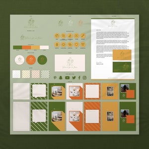 Puede incluir: Un tablero de dise&ntilde;o de marca y redes sociales con una paleta de colores verde, naranja y blanco. El tablero incluye variaciones de logotipo, muestras de color, muestras de patrones, iconos de redes sociales y maquetas de papeler&iacute;a. El texto "Welcome for an Hour" es visible.