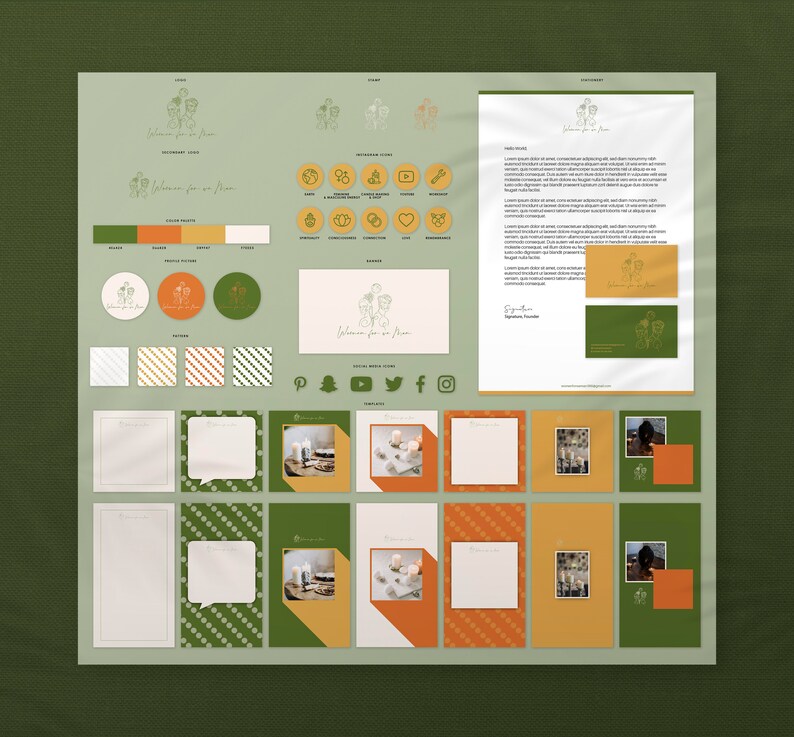 Puede incluir: Un tablero de dise&ntilde;o de marca y redes sociales con una paleta de colores verde, naranja y blanco. El tablero incluye variaciones de logotipo, muestras de color, muestras de patrones, iconos de redes sociales y maquetas de papeler&iacute;a. El texto "Welcome for an Hour" es visible.