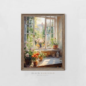 May include: A painting depicting an open window with a view of a garden. The windowsill is adorned with potted flowers in shades of orange, pink, and white. The garden beyond is lush and green. The painting is framed in a brown frame.
