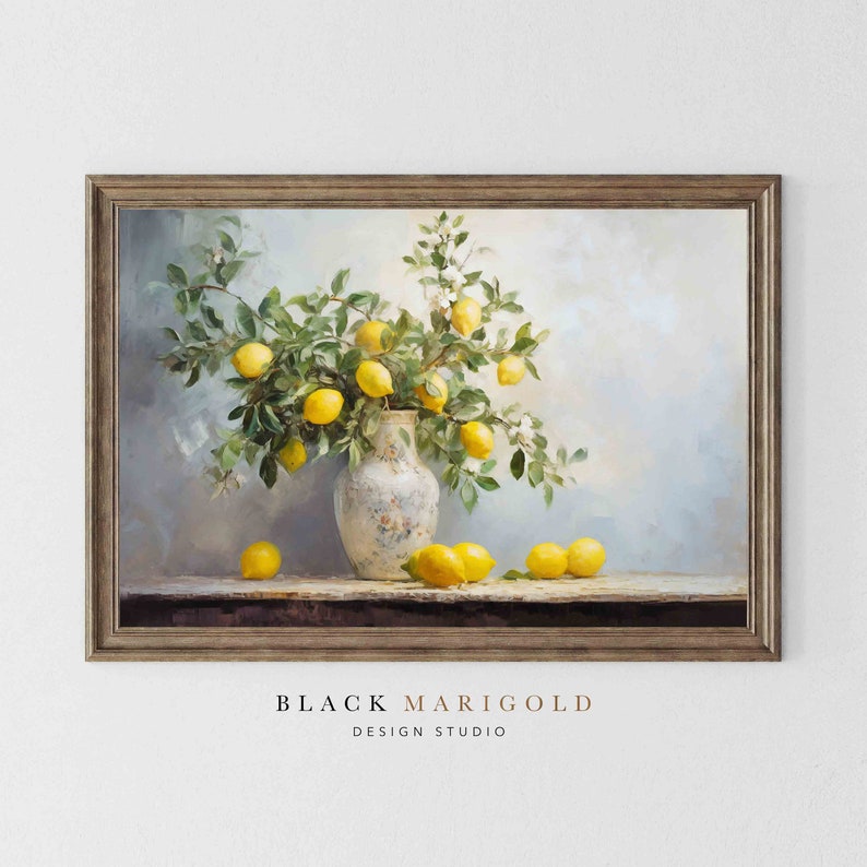Lemon Bouquet Vintage Oil Painting Wall Art image 1