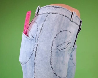 Unique wide leg pants. Hiphugger hippie saddlebacks. Outrageous zig zag stitching & pocket details. Very soft. (30×29)