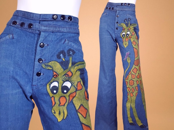1970s Hand-painted Giraffe Bell Bottom Jeans (27x37) - Etsy