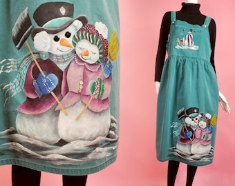 Vintage 80s hand-painted overall dress with a snowman couple. Kitschy novelty vintage. Kawaii One of a kind jumper. By Sunbelt. (M/L)