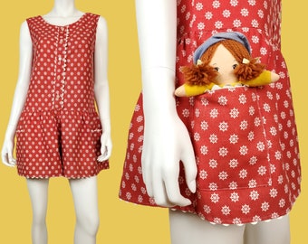 Drop waist cotton romper vintage 60s 70s. Ric rac trim, pockets, puffy shorts. Sleeveless. Red white sailor.(S)