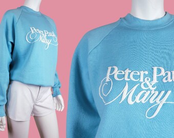 Peter Paul & Mary sweatshirt. Vintage from the 70s/80s. 50/50 Fruit Of The Loom. Pullover crewneck. Aqua blue/bright turquoise. (M/L)