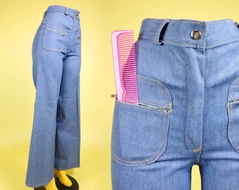 70s wide leg jeans. DEADSTOCK Elephant legs. High rise, light wash denim, cutest pockets. Unique novelty vintage. (Size 27 & Size 30)