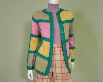 Unique 1960s mohair cardigan, MOD, colorblock, raglan sleeves, button-down (S)