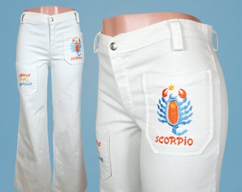 White vintage Scorpio pants jeans hiphugger bell bottoms cotton twill embroidered 1960s 70s patch pockets (modern 4 - 6)