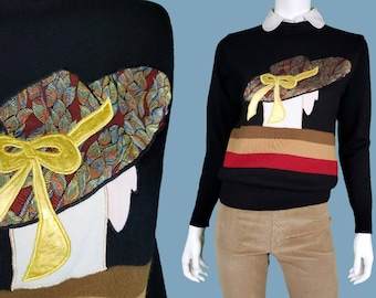 UNIQUE 7Os/80s wool sweater. Patchwork embroidery. High quality dense soft knit warm. Lady with hat Graphic cubist imagery. Ooak! (S/M)