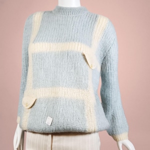 トップス 60s mohair pull over knit \"made in usa\" Vintage 1950s 1960s Blue Striped Mohair Knit Sweater Pull Over