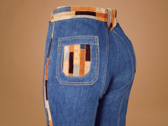1970s leather patchwork jeans, true quintessentia… - image 11