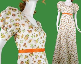 Handmade 70s Floral Prairie Dress, Puff Sleeves, Cottagecore (Size S)
