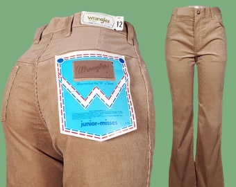 1970s Wrangler corduroy pants vintage deadstock mid rise bootcut flares camel brown tan (31 x 34)