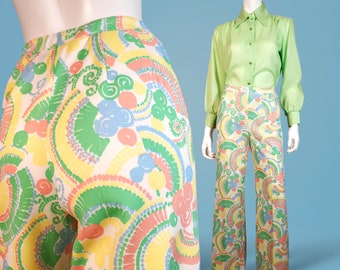 Vintage novelty print pants 1960s 70s spring summer pastels abstract whimsical happy doodle melon colors mod mama (S)