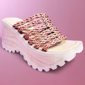 Vintage 90&#39;s platform shoes slides chunky groovy wavy strappy wooden wedge slip on sandals club rave Deadstock with box. (Size 7.5)