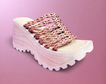 Vintage 90&#39;s platform shoes slides chunky groovy wavy strappy wooden wedge slip on sandals club rave Deadstock with box. (Size 7.5)