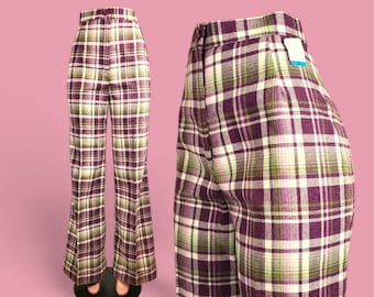 Plaid 60s/70s pants by Sears Jr Bazaar. Deadstock. Amazing color pop. Plum, pink, green. Cuffed wide leg, high rise, mod. (28/29 x 33)