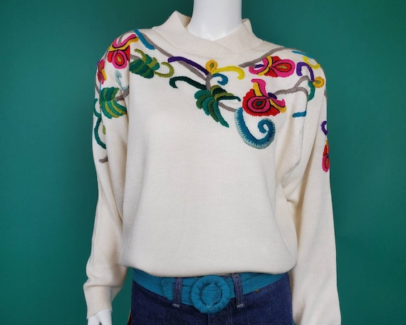 Vintage 1980s embroidered yarn sweater. Colorful,