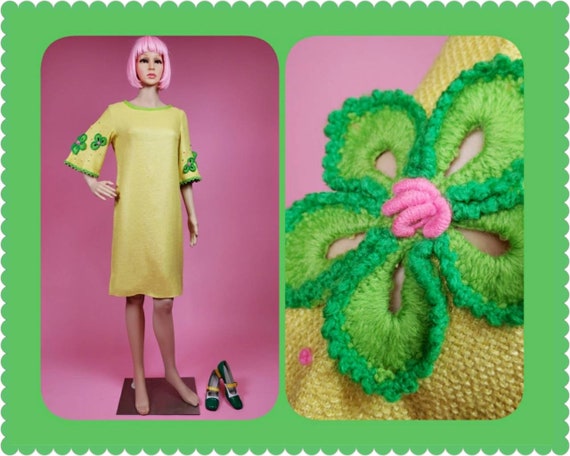 Vintage 60s yellow Phil Rose dress. Floral yarn em