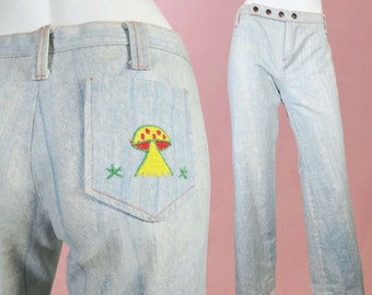 1970s embroidered mushroom pants streak-dyed baby blue low rise hiphuggers unique snap detail novelty vintage Montgomery Ward (modern 4)