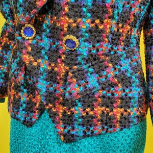 Iconic 80s power suit. Deadstock. Textured tweed. Skirt & jacket combo ensemble. Teal/multi. By Lucia La Roma. Size S image 4