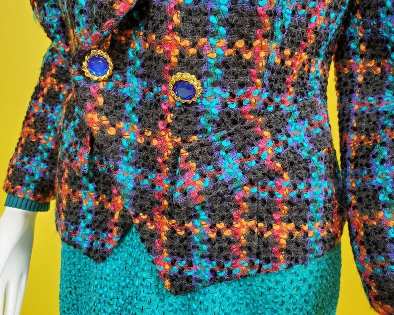 Iconic 80s power suit. Deadstock. Textured tweed. Skirt & jacket combo ensemble. Teal/multi. By Lucia La Roma. Size S image 4