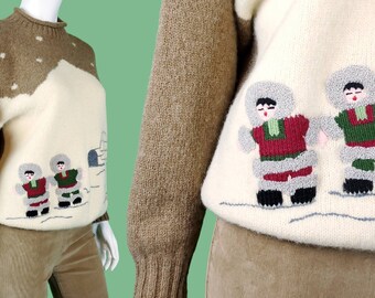 Shetland wool eskimo sweater. Cute vintage pullover graphic earthtones natural. Iconic 80s 90s Benetton United Colors. S/M