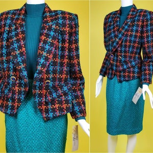 Iconic 80s power suit. Deadstock. Textured tweed. Skirt & jacket combo ensemble. Teal/multi. By Lucia La Roma. Size S image 1