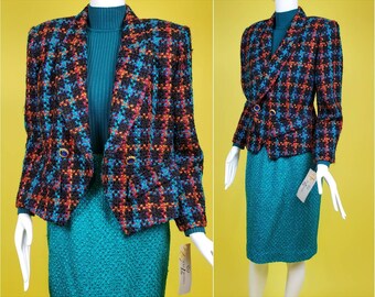 Iconic 80s power suit. Deadstock. Textured tweed. Skirt & jacket combo ensemble. Teal/multi. By Lucia La Roma. (Size S)