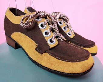 DEADSTOCK 60s mod shoes. Handmade lace-up loafers. Iconic mustard & brown suede. (W7)