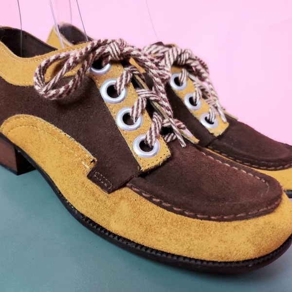 DEADSTOCK 60s mod shoes. Handmade lace-up loafers. Iconic mustard & brown suede. (W7)