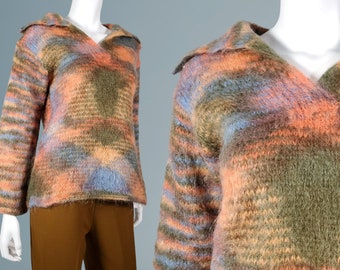 Mod 1960s mohair sweater vintage space dyed hand knit one of a kind pullover large collar (S - M)