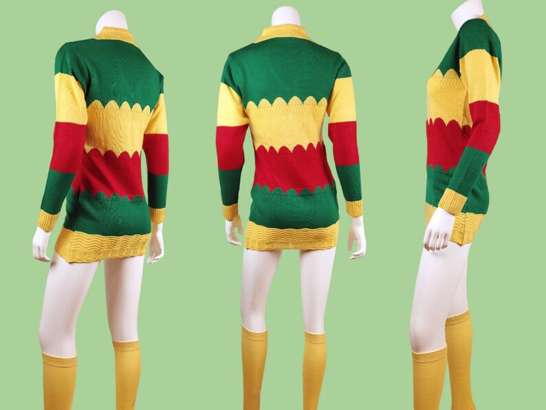 Unique deadstock pullover sweater. Vintage 80s. Bodycon, micro-mini, vibrant, rastafarian, red yellow green, scalloped pattern. XS image 3