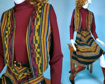 1970s 2-piece dress set. Colorful woven serape dress & vest with mod belt. Hippie, boho, mod. Vicky Vaughn Junior. Size XS/S