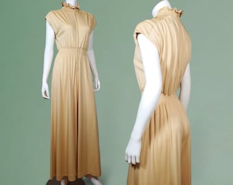 1970s vintage palazzo jumpsuit creamy beige high neck lettuce edging elastic waist extreme wide legs draping fabric (30 max waist)