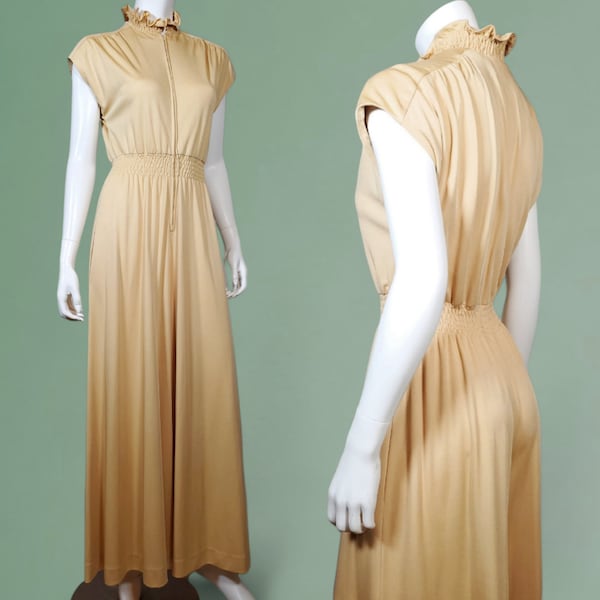 1970s vintage palazzo jumpsuit creamy beige high neck lettuce edging elastic waist extreme wide legs draping fabric (30 max waist)