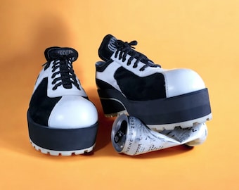 90s Gothic Platform Shoes: Black & White Leather, Chunky Heels (M9/W10.5)