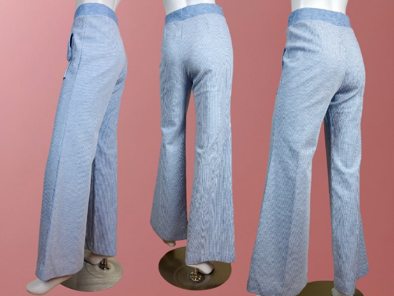 Striped knit bell bottoms by TURTLE BAX. Vintage 60s 70s heathered powder blue. Lounge pants. Big mod pockets. Wide waist band. 28 x 32 image 3