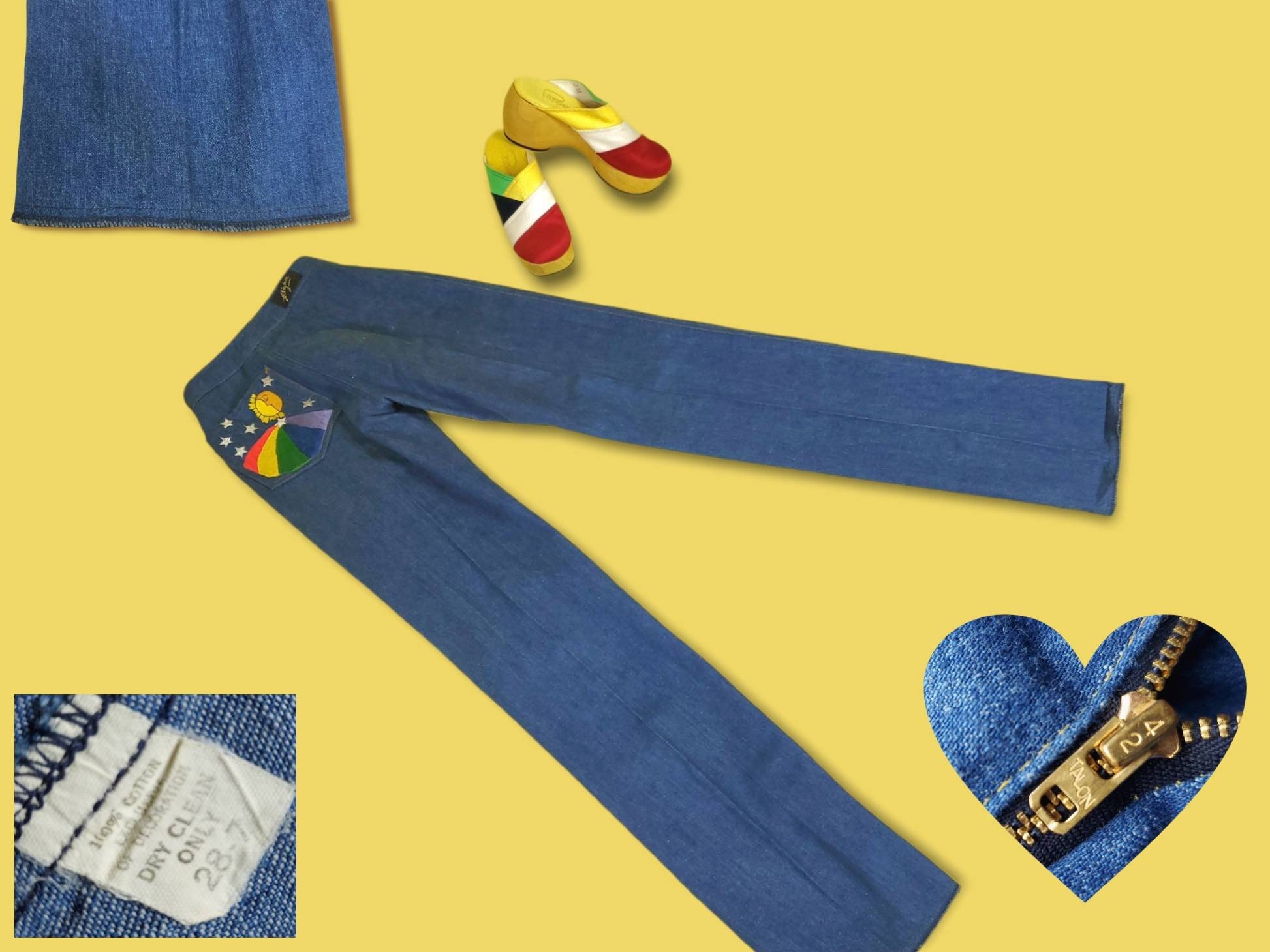 1970s Vintage Rainbow Jeans! Embroidered Back Pocket With