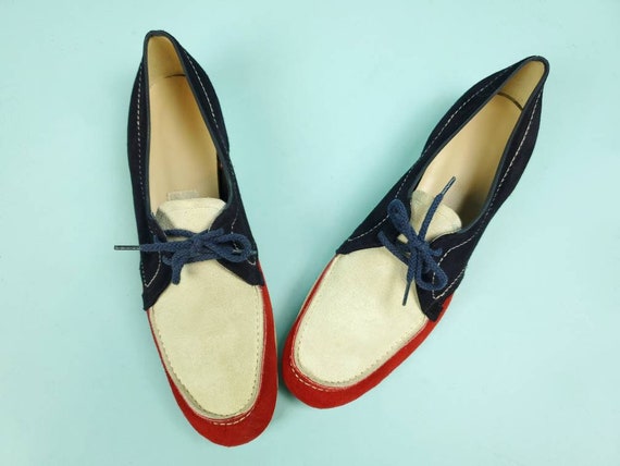 Vintage mod suede loafers. 1960s. Red, white, blu… - image 4