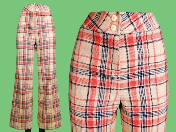 Vintage wool plaid pants. 60s/70s high rise, wide… - image 1