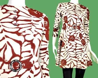 60s mod fuzzy mini dress. Large brown abstract flowers. Go-go dress. 60s fall fashion. (XS)