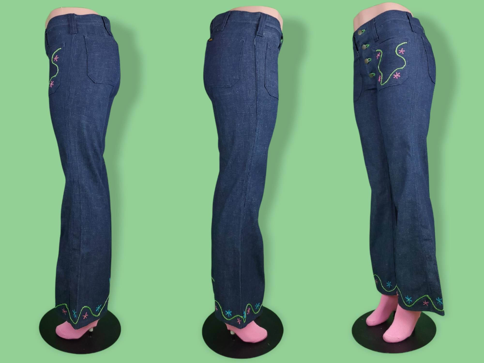 60s Embroidered Owls Bellbottom Jeans - Lucky Vintage