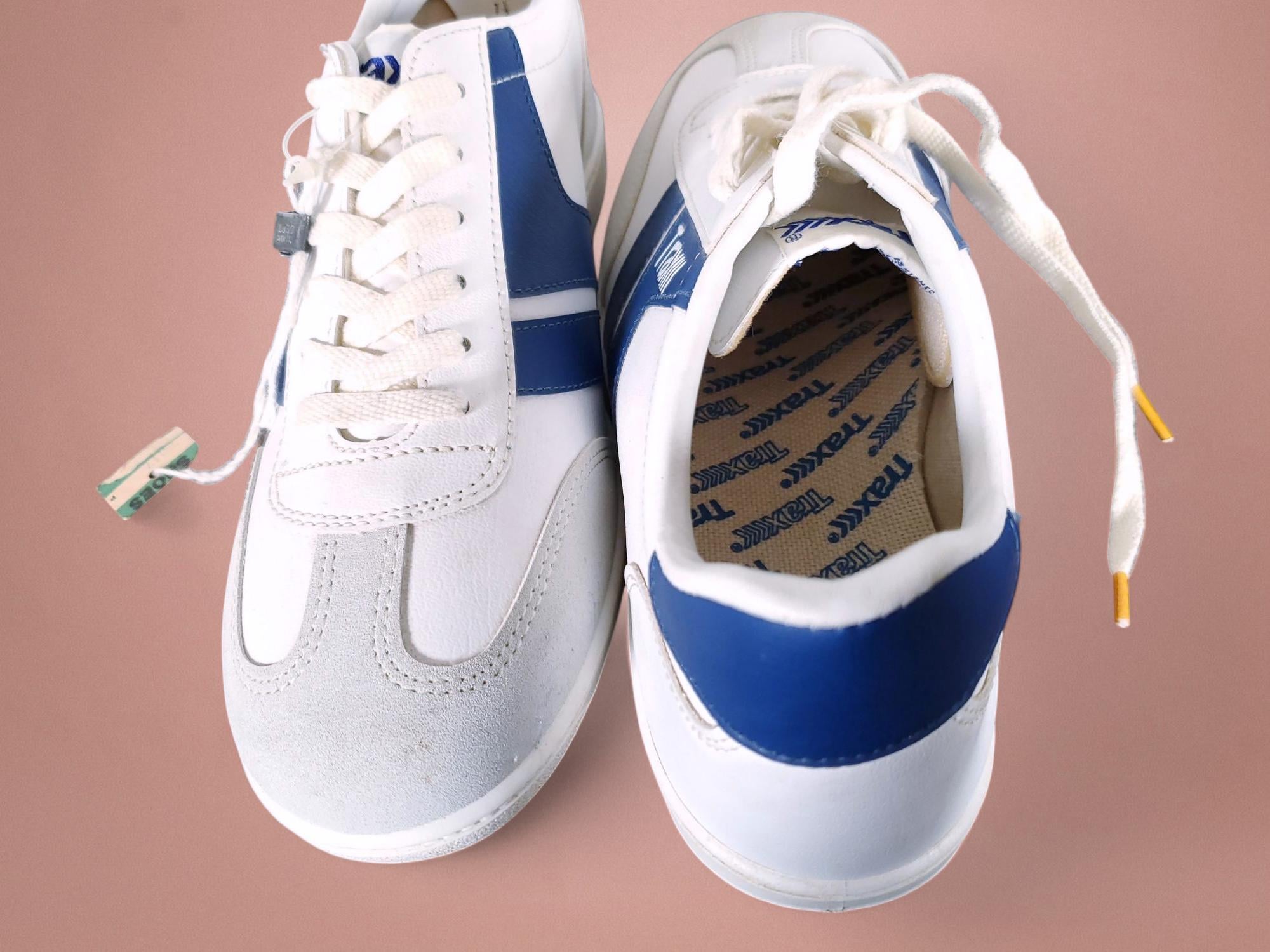 1970s TRAX Vinyl Sneakers, Deadstock White/blue Shoes (M 7.5/W 9
