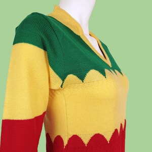 Unique deadstock pullover sweater. Vintage 80s. Bodycon, micro-mini, vibrant, rastafarian, red yellow green, scalloped pattern. XS image 5