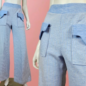 Striped knit bell bottoms by TURTLE BAX. Vintage 60s 70s heathered powder blue. Lounge pants. Big mod pockets. Wide waist band. 28 x 32 image 1