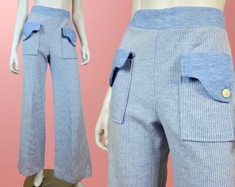 Striped knit bell bottoms by TURTLE BAX. Vintage 60s 70s heathered powder blue. Lounge pants. Big mod pockets. Wide waist band. (28 x 32)
