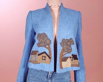 Vintage Wool Patchwork Jacket: 1980s Novelty cottage core serenity image (S/XS)