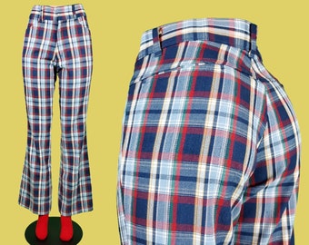 Bold plaid trousers from the 60s 70s. Red green blue yellow. Mod flare pants. Rough housers. (33 x 33)